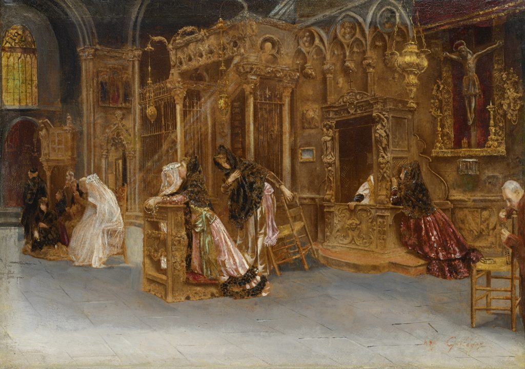 LA CONFESION, JOSÉ GALLEGOS Y ARNOSA Circa 1893 Huile sur toile Signée en bas à droite 19x27 cm