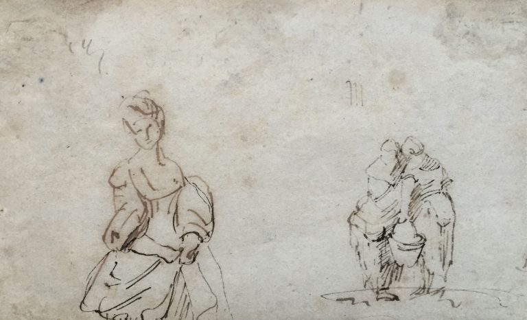 TROIS PERSONNAGES : ELÉGANTE ET DEUX PAYSANNES AUX TRAVAUX DOMESTIQUES AVEC LEUR PANIER, Eugene Boudin, Encre, dessin à la plume sur papier 7,7 x 12,5 cm