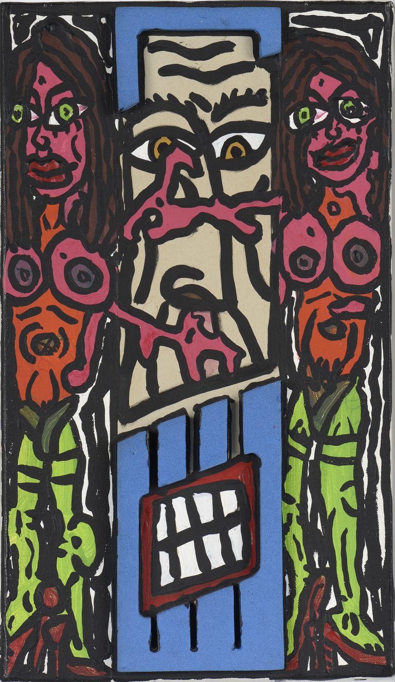 2 JEUNES FILLES ET 1 GÉANT À TÊTE LONGUE, 1988, Robert Combas, Technique mixte sur toile Signé et daté 1988 au dos 33×18,9cm Collection Privée, Paris