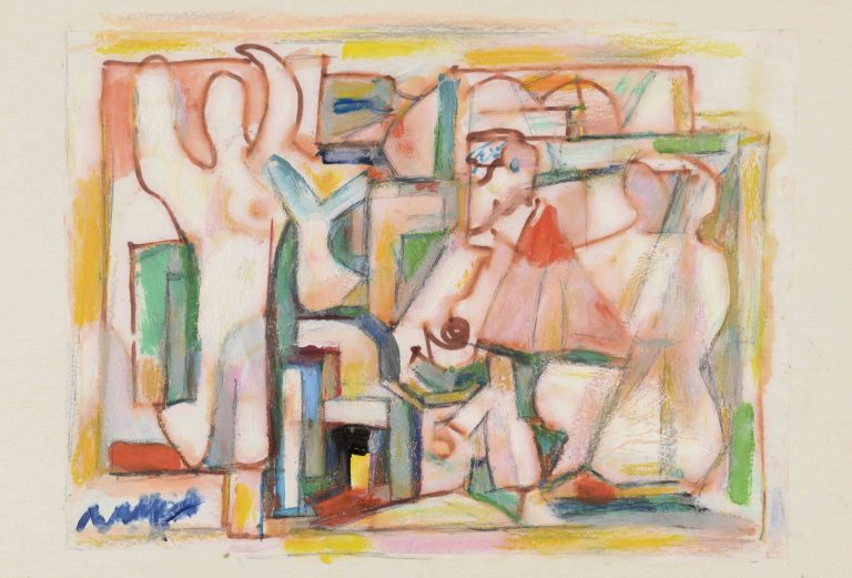 COMPOSITION, BAIGNEUSE, 70, Walter Firpo,  Huile sur papier contrecollé sur carton Signée en bas à gauche, contresignée et titrée au dos « Compositions baigneuses 70″ 22×28,3cm Collection privée, Paris