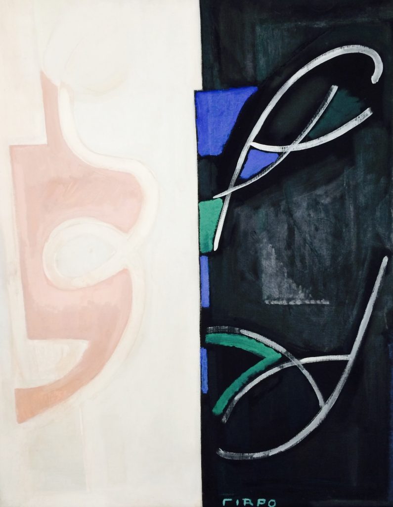COMPOSITION ABSTRAITE SUR FOND BLANC ET NOIR, Walter Firpo, circa 1960 Huile sur toile Signée en bas à droite, contresignée au dos 92×73 cm Collection privée, Paris