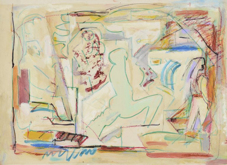 PERSONNAGE EN MOUVEMENT, Walter Firpo,  Technique mixte huile, feutre et pastel sur papier marouflé sur carton Signée en bas à gauche. Contresigné W. Firpo au dos 29,5×39,6cm Collection privée, Paris