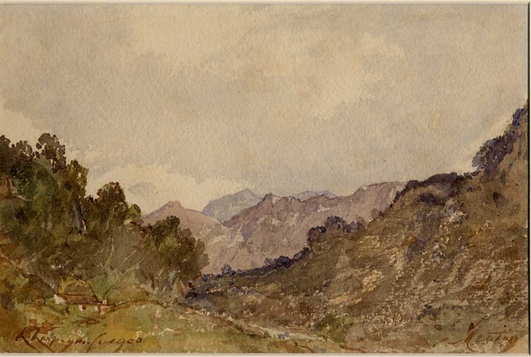 PAYSAGE À MENTON, Henri-Joseph Harpignies, Aquarelle, signée et datée «1900» en bas à gauche, titrée «Menton» en bas droite 16,7 x 25 cm