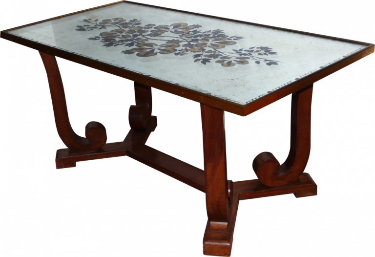 TABLE BASSE RECTANGULAIRE, Jules Leleu, Table basse rectangulaire en placage de palissandre, dessus en glace peinte à décor d’arbre et de fleurs. 50 cm x 110 cm x 56 cm