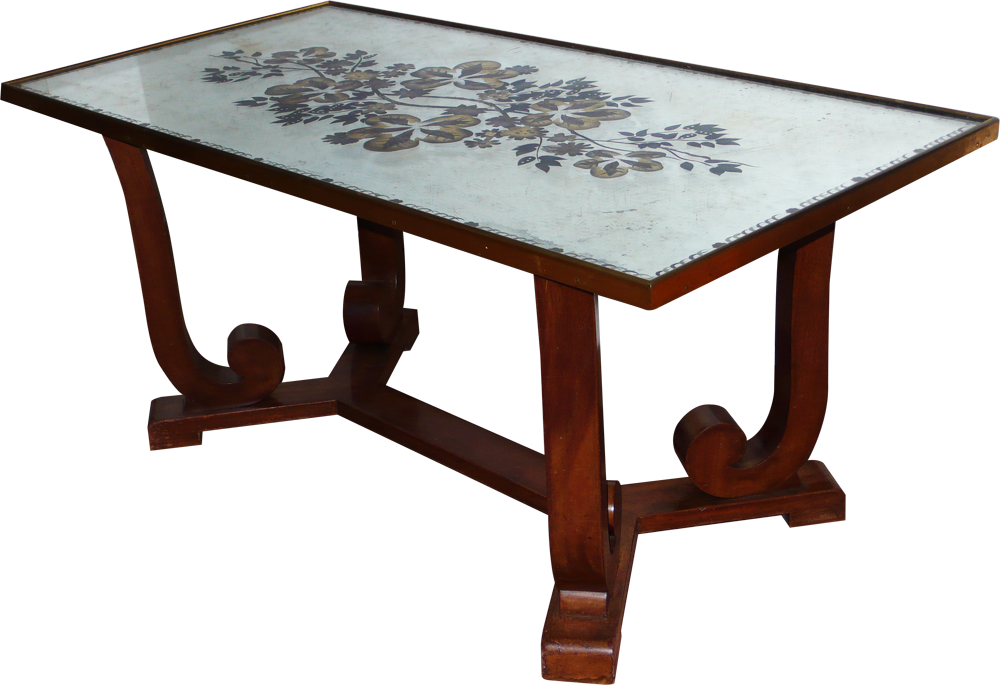 TABLE BASSE RECTANGULAIRE, Jules Leleu, Table basse rectangulaire en placage de palissandre, dessus en glace peinte à décor d’arbre et de fleurs. 50 cm x 110 cm x 56 cm