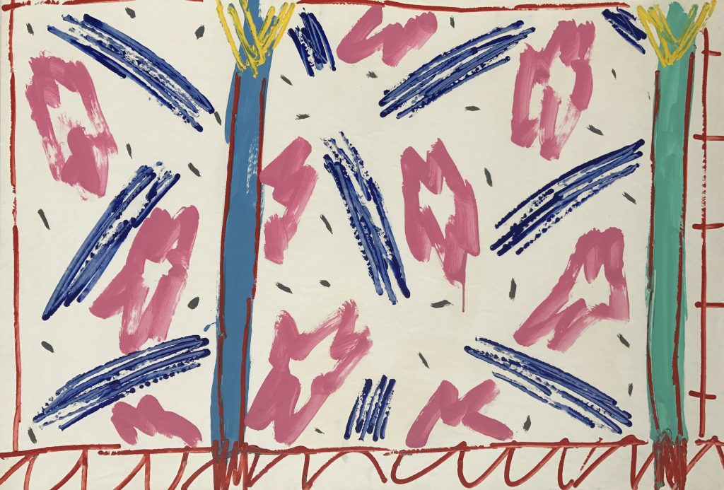 COMPOSITION BLEUE ET ROSE, 85, Pierre Célice, Acrylique sur papier marouflée sur toile Signée et datée au dos 85 76x100 cm