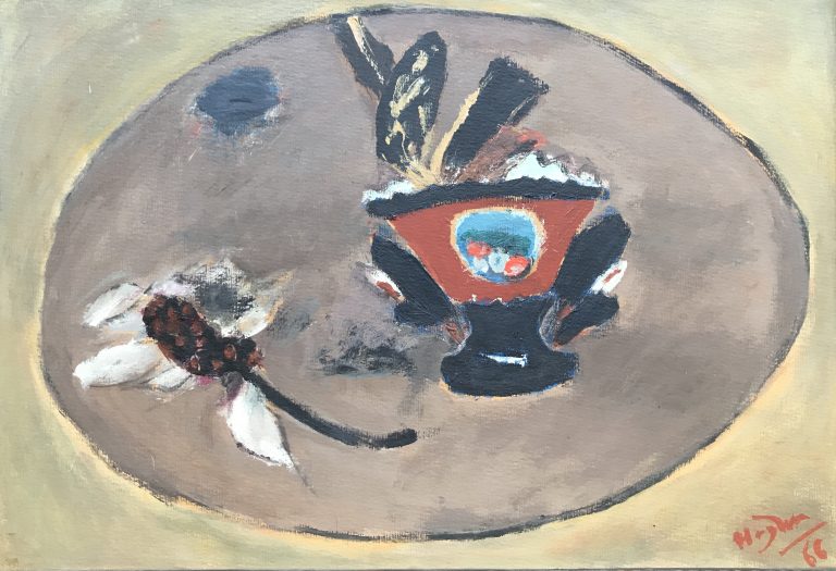NATURE MORTE AU COMPOTIER, Henri Hayden,  Huile sur isorel Signée en bas à droite et datée 1966 38x57 cm