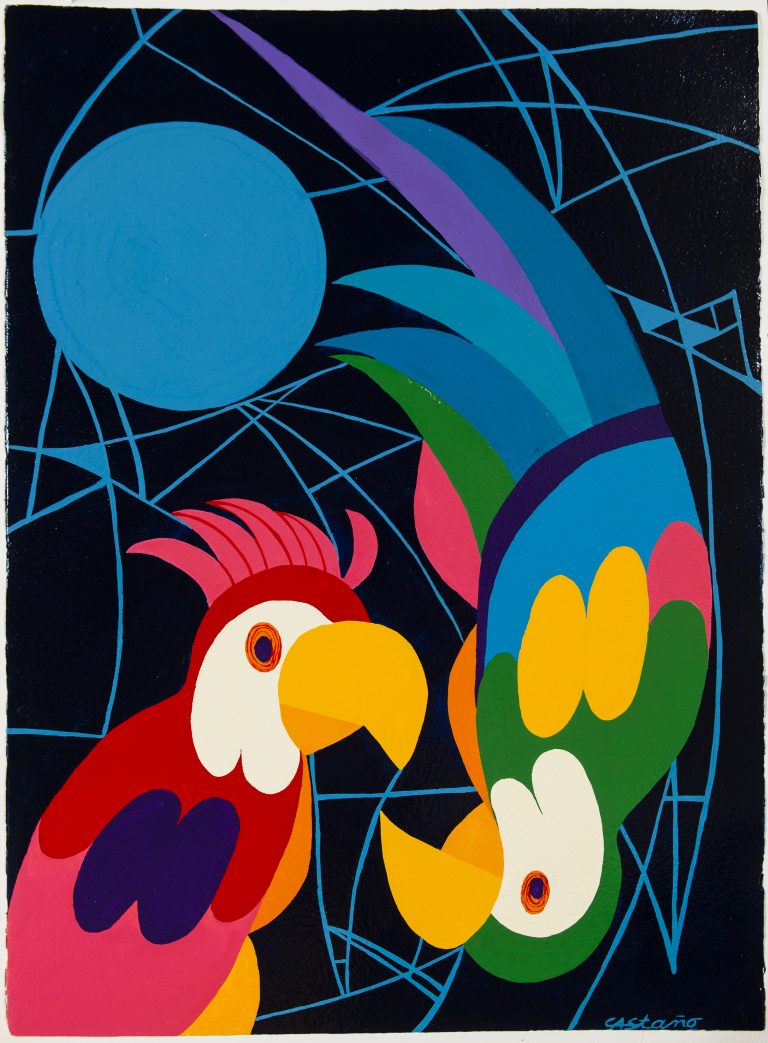CONVERSATION DANS LA FORÊT, 1990, Jorge Perez Castaño, Laque sur papier Arches Signée en bas à droite, Contresignée, titrée et datée au dos 56,5x76,5 cm