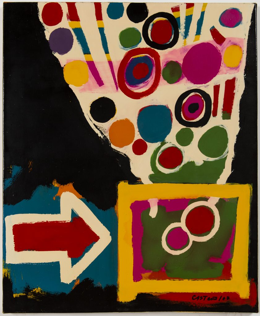 BOITE MAGIQUE, 1967, Jorge Perez Castaño, Laque sur toile Signée en bas à droite et datée 61x50 cm