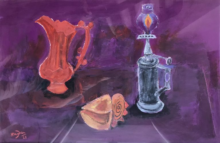NATURE MORTE AU PICHET ORANGE, Henri Hayden,  Gouache sur papier Signée en bas à gauche et datée 1960 56x33,5 cm