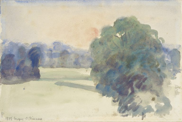 PAYSAGE D'ERAGNY, 1888, Camille Pissarro, Huile diluée sur papier  Signée et datée en bas à gauche 16x24 cm