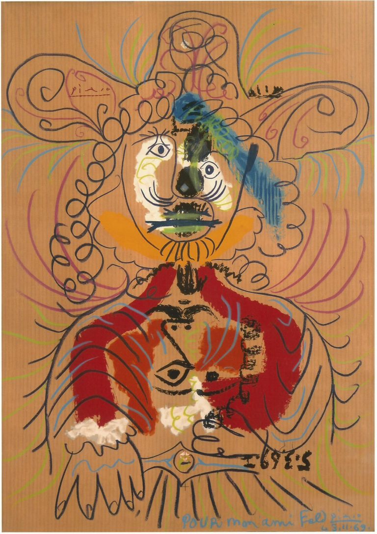 DOUBLE PORTRAIT DE MOUSQUETAIRE, Pablo Picasso, L’un au pastel, l’autre lithographié sur papier imitant le kraft du 5 mars 1969 (1er état) Signé en haut à gauche au crayon rouge, dédicacé « Pour mon ami Feld » daté du 3 novembre 1969 et resigné en bas à droite. 74,4 x 52 cm Certificat de Maya Picasso en date du 23 avril 2007 Provenance : Collection Charles Feld, fondateur des éditions du Cercle d’Art (1950 -1970), Offert par Picasso