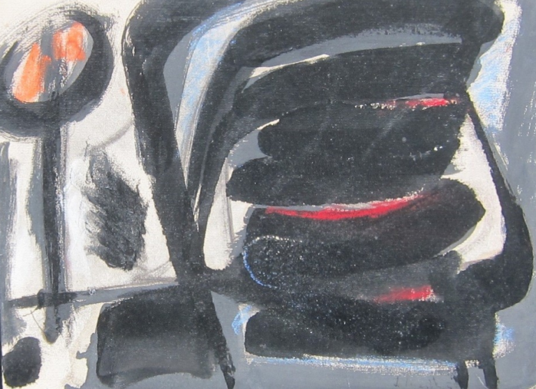 COMPOSITION ABSTRAITE, Gérard Schneider, Huile sur papier marouflée sur toile Signée en bas à droite et datée 1954 24×31,5 cm Collection privée, Paris