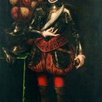 PORTRAIT D’UN GENTILHOMME EN ARMURE AVEC SON CHIEN, Enéa Talpino dit Il Salmezza, Huile sur toile 195 x 119 cm