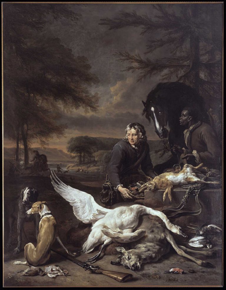 SCÈNE DE CHASSE ANIMÉE DANS UN PAYSAGE, Jan Weenix "Le Vieux",  Huile sur toile Signé et daté « 1700 » 183 x 143 cm