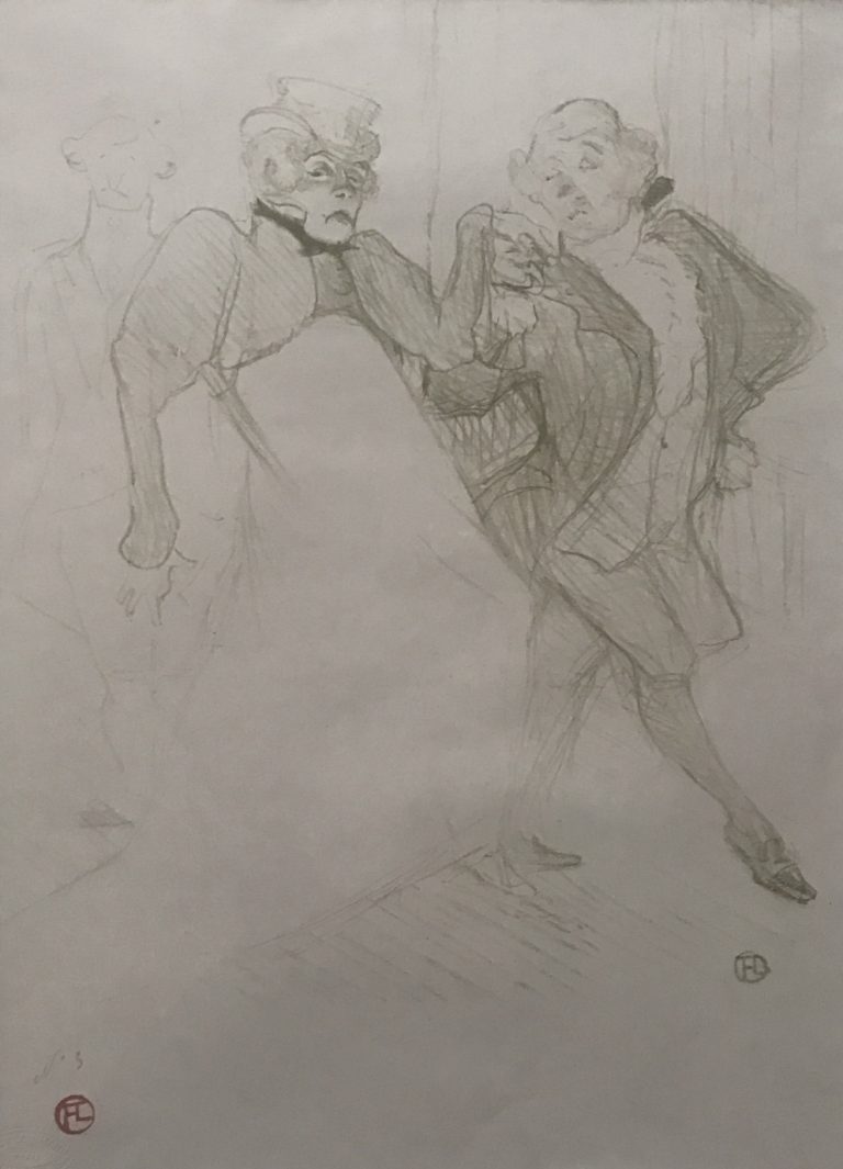 RÉJANE ET GALIPAUX, DANS MADAME SANS-GÊNE, 1893, Henri de Toulouse-Lautrec, Lithographie originale imprimée en vert olive Très délicate impression sur papier vélin couleur crème Numérotée 3 au crayon en bas à gauche Porte le cachet rouge du monogramme (Lugt 1338) en bas à gauche Marges pleines Edition de 100 numérotée de 1 à 50 en vert olive et de 51 à 100 en noir Distribuée par Kleinmann, son timbre sec en bas à gauche 45x27 cm Bibliographie Delteil 52 – Wittrock 44 Provenance Collection Emile Laffon (Cachet), Lugt 2229 et- 877a Collection Claude Roger-Marx (Cachet) Collection Privée, Paris