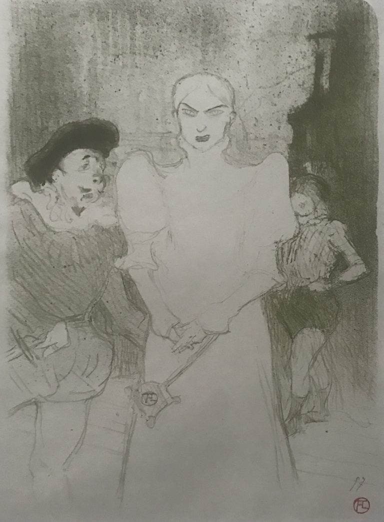MADAME CARON DANS FAUST, 1893, Henri de Toulouse-Lautrec, Lithographie originale imprimée en vert olive Très délicate impression sur papier vélin couleur crème Numérotée 37 au crayon en bas à droite Porte le cachet rouge du monogramme (Lugt 1338) en bas à droite Marges pleines Edition de 100 numérotée de 1 à 50 en vert olive et de 51 à 100 en noir 46 x 31 cm Bibliographie Delteil 49 - Adhémar 52 - Adriani 54 Provenance Collection privée, Paris