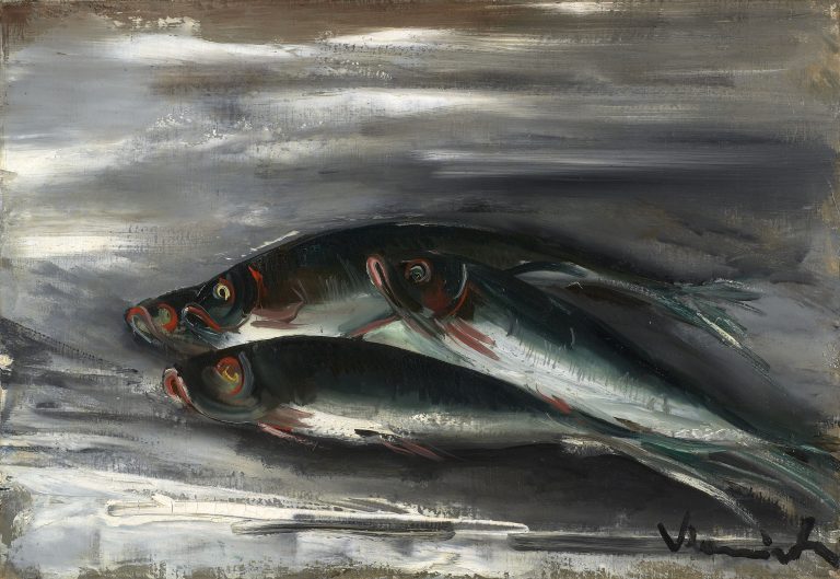 QUATRE POISSONS, 1928, Maurice de VLAMINCK, Peint en 1928 Huile sur toile, signé en bas à droite 38 x 56 cm     Certificat fondation Wildenstein du 14 septembre 2012