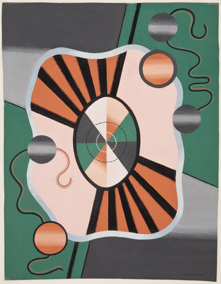 MOTIF DÉCORATIF, CIRCA 1930, Georges Valmier,  Gouache et collage de papiers gouachés Signée en bas, à droite Exécutée vers 1930 28,5 x 21,8 cm Bibliographie Denise Bazetoux Georges Valmier catalogue raisonné, Editions Noème, Paris, 1993, p. 236, n° 928, reproduit Provenance Collection Georges Pillement