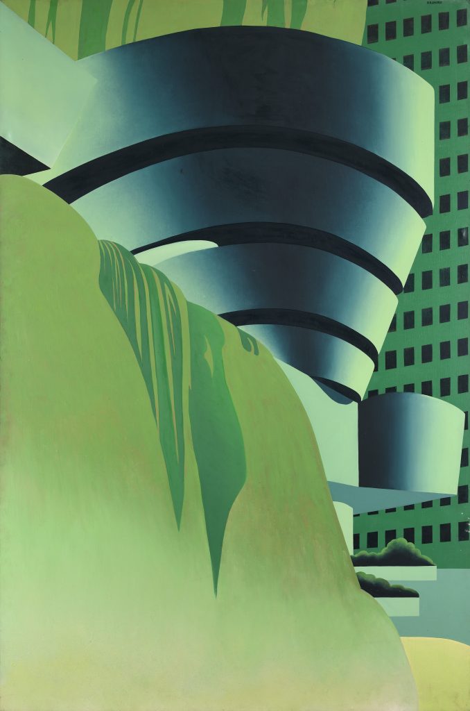 Nicolas García URIBURU (1937-2016) Iguazú y Museo Guggenheim, 1975 Serie Verde, Antagonismo entre Naturaleza y Civilización Huile sur toile Signée en haut à droite 195,5x130,5 cm
