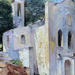 Jules Pierre VAN BIESBROECK (1873-1965) Petite église au Cap Martin (Démolie depuis) Huile sur papier cartonné 14,2x8,5 cm