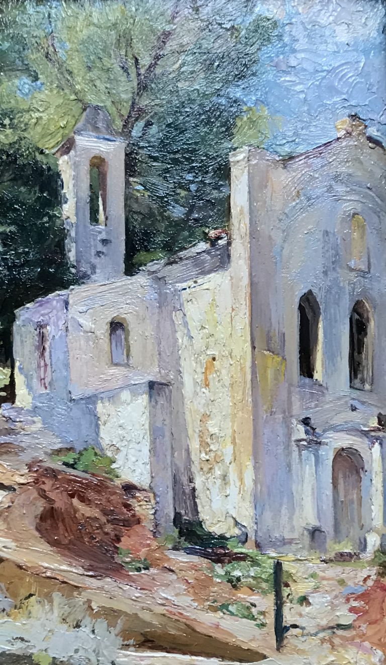 Jules Pierre VAN BIESBROECK (1873-1965) Petite église au Cap Martin (Démolie depuis) Huile sur papier cartonné 14,2x8,5 cm