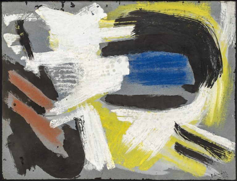 GERARD SCHNEIDER (1896-1986) Composition, 1952 Encre de chine, huile, pastel, aquarelle sur papier gris Signé et daté en bas à droite 48×63 cm Certificat de Madame Laurence Schneider