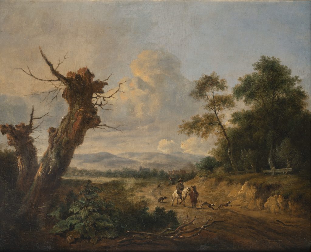 Jan WYNANTS (1632-1684) Scène chasse animée huile sur panneau de chêne Signé en bas à droite , marque au dos à l'encre 29,5 x 36 cm