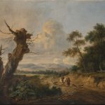 Jan WYNANTS (1632-1684) Scène chasse animée huile sur panneau de chêne Signé en bas à droite , marque au dos à l'encre 29,5 x 36 cm