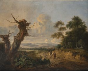 Jan WYNANTS (1632-1684) Scène chasse animée huile sur panneau de chêne Signé en bas à droite , marque au dos à l'encre 29,5 x 36 cm